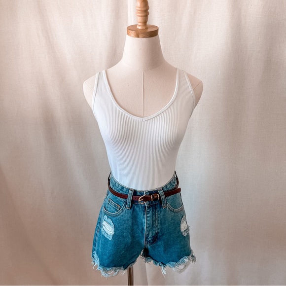 White Ribbed Tank-Top Bodysuit - Picture 1 of 3